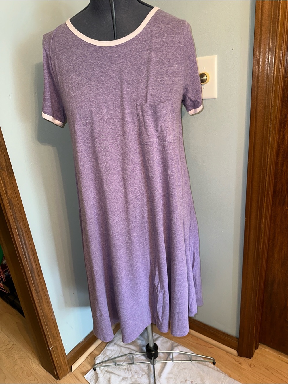 LuLaRoe Purple High-Low Short Sleeve Carly Dress with Light Pink Trim